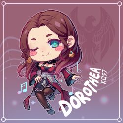 Rule 34 | 1girl, blush stickers, brown hair, character name, chibi, closed mouth, dorothea arnault, dress, earrings, fire emblem, fire emblem: three houses, green eyes, jewelry, kaijuicery, long hair, long sleeves, nintendo, one eye closed, pantyhose, smile, solo, twitter username