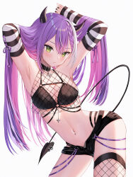 Rule 34 | 1girl, absurdres, alternate costume, arm behind head, arm warmers, armpits, arms up, belt collar, bikini, bikini top only, black bikini, black nails, black shorts, blush, breasts, cleavage, collar, colored inner hair, commentary request, cowboy shot, demon horns, demon tail, fishnet thighhighs, fishnet top, fishnets, green eyes, highres, hololive, horns, long hair, looking at viewer, medium breasts, micro shorts, multi-strapped bikini bottom, multicolored hair, nail polish, navel, navel piercing, open fly, panty straps, piercing, pink hair, purple hair, runlan 0329, shorts, simple background, single thighhigh, solo, stomach, swimsuit, tail, tail ornament, tail piercing, thighhighs, tokoyami towa, virtual youtuber, white background, white hair