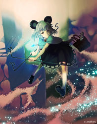 Rule 34 | 1girl, animal ears, bad id, bad pixiv id, bag, bent over, blush, capelet, dowsing rod, dress, female focus, gradient background, grey hair, highres, inuga anahoru, jewelry, kneehighs, mouse (animal), mouse ears, mouse tail, nazrin, necklace, red eyes, shoes, short hair, socks, solo, standing, tail, touhou, white socks