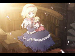 Rule 34 | 1girl, aged down, alice margatroid, armchair, blonde hair, blue dress, boots, bow, capelet, chair, cross-laced footwear, doll, dress, female focus, frills, hair bow, hairband, hourai doll, indoors, lens flare, letterboxed, md5 mismatch, necktie, red dress, red eyes, resolution mismatch, sitting, solo, source smaller, sunlight, tokiame, touhou