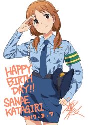 Rule 34 | 1girl, artist name, belt, black belt, blue necktie, blue shirt, blue skirt, blush, bow, breasts, brown eyes, brown hair, character name, closed mouth, cowboy shot, dated, female service cap, green sash, hair bow, hand up, happy birthday, hat, idolmaster, idolmaster cinderella girls, idolmaster cinderella girls starlight stage, katagiri sanae, large breasts, long hair, long sleeves, looking at viewer, low twintails, necktie, pencil skirt, police, police hat, police uniform, policewoman, salute, sash, shirt, short twintails, signature, simple background, skirt, smile, solo, standing, taku1122, twintails, uniform, white background, yellow bow