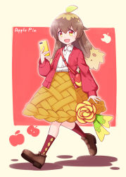 Rule 34 | 1girl, :d, ahoge, apple pie, bag, brown footwear, brown hair, brown skirt, cellphone, collared shirt, commentary request, dress shirt, frilled skirt, frills, full body, hair between eyes, harada (sansei rain), highres, holding, holding phone, jacket, loafers, long hair, long sleeves, multicolored eyes, open clothes, open jacket, open mouth, original, personification, phone, puffy long sleeves, puffy sleeves, red eyes, red jacket, red socks, shirt, shoes, shoulder bag, skirt, sleeves past wrists, smile, socks, solo, walking, white shirt, yellow eyes