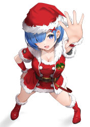 Rule 34 | 1girl, :d, bell, belt, blue eyes, blue hair, blush, boots, breasts, christmas, cleavage, commentary request, female focus, foreshortening, from above, full body, fur trim, gibun (sozoshu), hair ornament, hair over one eye, hand up, hat, highres, holly, large breasts, light blush, looking at viewer, open mouth, re:zero kara hajimeru isekai seikatsu, red footwear, rem (re:zero), santa boots, santa costume, santa hat, short hair, short sleeves, simple background, smile, solo, standing, white background, x hair ornament