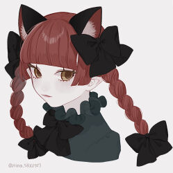 Rule 34 | 1girl, animal ear fluff, animal ears, black bow, blunt bangs, bow, braid, brown eyes, cat ears, cat girl, closed mouth, cropped shoulders, fang, green shirt, hair bow, highres, hina (uhnt4478), kaenbyou rin, long hair, looking at viewer, pointy ears, red hair, shirt, simple background, solo, touhou, twin braids, twitter username, white background
