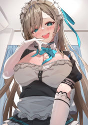 Rule 34 | 1girl, absurdres, apron, aqua bow, aqua bowtie, aqua ribbon, asuna (blue archive), black dress, blue archive, blush, bow, bowtie, breasts, brown hair, chikoku, cleavage, curtains, dress, elbow gloves, frilled dress, frills, gloves, hair ribbon, highres, indoors, large breasts, long hair, looking at viewer, maid, maid headdress, mole, mole on breast, open mouth, puffy short sleeves, puffy sleeves, ribbon, short sleeves, solo, sweat, upper body, very long hair, white apron, white gloves