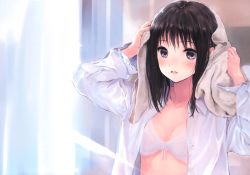 Rule 34 | 1girl, :d, absurdres, black eyes, black hair, blush, bra, breasts, cleavage, dress shirt, fujita hidetoshi, highres, long hair, looking at viewer, open clothes, open mouth, open shirt, original, scan, shirt, small breasts, smile, solo, towel, towel on head, underwear, upper body, white bra