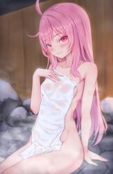 Rule 34 | 1girl, absurdres, ahoge, bare arms, bare shoulders, breasts, closed mouth, collarbone, eien project, eyebrows, female focus, hand up, highres, kiki lockheart, legs, legs together, long hair, looking at viewer, lunarisbloom, matching hair/eyes, nude, onsen, pink eyes, pink hair, rock, sideboob, simple background, small breasts, smile, solo, steam, thighs, towel, towel over breasts, virtual youtuber, wooden wall