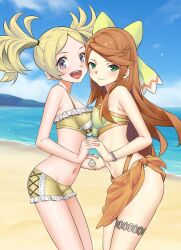 Rule 34 | 2girls, beach, bikini, blonde hair, bracelet, breast press, breasts, cloud, cloudy sky, corset, etie (fire emblem), fire emblem, fire emblem awakening, fire emblem engage, frilled bikini, frills, grey eyes, highres, holding hands, igni tion, jewelry, lissa (fire emblem), long hair, looking at viewer, medium breasts, multiple girls, nintendo, ocean, open mouth, orange hair, short twintails, sky, small breasts, swept bangs, swimsuit, teeth, thigh strap, twintails, upper teeth only, water