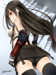 Rule 34 | 1girl, akino shuu, black hair, black shorts, black thighhighs, commentary request, cowboy shot, earrings, elbow gloves, elbow pads, final fantasy, final fantasy vii, final fantasy vii remake, fingerless gloves, from below, gloves, jewelry, long hair, looking at viewer, looking back, looking down, low-tied long hair, red eyes, short shorts, shorts, shorts under skirt, skirt, solo, suspender skirt, suspenders, tank top, thighhighs, tifa lockhart, twitter username, white tank top