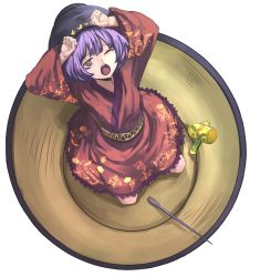 Rule 34 | 1girl, bad id, bad pixiv id, bowl, bowl hat, brown eyes, clenched hands, eredhen, from above, hat, japanese clothes, kimono, leaning back, looking at viewer, looking up, mallet, needle, obi, one eye closed, open mouth, purple hair, rice bowl, sash, short hair, simple background, sitting, solo, sukuna shinmyoumaru, touhou, wariza, white background, yawning