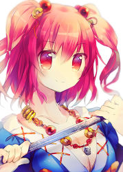 Rule 34 | 1girl, breasts, cleavage, collarbone, female focus, hair bobbles, hair ornament, holding, jewelry, large breasts, looking at viewer, namie-kun, necklace, onozuka komachi, red eyes, red hair, short hair, short twintails, simple background, skull, smile, solo, touhou, twintails, two side up, upper body, white background