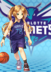 Rule 34 | 1girl, azur lane, ball, bare shoulders, basketball, basketball (object), blonde hair, charlotte hornets, full body, green eyes, highres, honeycomb (pattern), honeycomb background, hornet (azur lane), jersey, logo, long hair, name connection, national basketball association, parted bangs, shoes, shorts, sneakers, socks, solo, sportswear, sweatband, tongue, tongue out, twintails, yakkuro