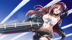 Rule 34 | 1girl, aircraft carrier, anchor, armpits, artist request, asymmetrical legwear, azur lane, baseball cap, belly, belt, blue eyes, breasts, cape, cleavage, collarbone, detached sleeves, front-tie top, hat, headgear, highres, jewelry, large breasts, leggings, long hair, military, military vehicle, mismatched legwear, navel, open mouth, pendant, ranger (azur lane), red hair, ship, sidelocks, thigh strap, very long hair, warship, watercraft