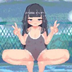 Rule 34 | 1girl, animated, bare legs, black hair, blunt bangs, blush, breasts, covered navel, double v, female focus, haryu moe, large breasts, long hair, looking at viewer, looping animation, lowres, navel, nipples, nose blush, one-piece swimsuit, original, paid reward available, pixel art, see-through, solo, spread legs, squatting, straight-on, swimsuit, tagme, thighs, tiptoes, v, video