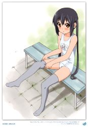 Rule 34 | 1girl, 2011, absurdres, black hair, brown eyes, dated, errant, feet, grey thighhighs, highres, k-on!, long hair, nakano azusa, no shoes, one-piece swimsuit, school swimsuit, sitting, solo, swimsuit, thighhighs, twintails, white school swimsuit, white one-piece swimsuit