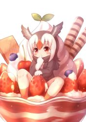 Rule 34 | 10s, 1girl, atlantic puffin (kemono friends), bird wings, black hair, blueberry, blush, cinnamon stick, commentary request, finger in own mouth, food, fruit, gloves, head wings, ice cream, in food, jacket, kemono friends, matsuu (akiomoi), multicolored hair, oversized food, oversized object, pleated skirt, red hair, scarf, short hair, sitting, skirt, socks, solo, strawberry, sundae, wafer stick, white hair, wings