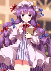 Rule 34 | 1girl, blue bow, blush, book, bow, crescent, crescent hat ornament, dress, feet out of frame, hair bow, hat, hat ornament, highres, holding, holding book, long hair, long sleeves, looking at viewer, mob cap, open mouth, patchouli knowledge, purple dress, purple eyes, purple hair, purple hat, red bow, ruu (tksymkw), smile, solo, striped clothes, striped dress, touhou, vertical-striped clothes, vertical-striped dress