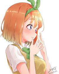Rule 34 | 1girl, blue eyes, blush, bow, bowtie, breasts, commentary request, go-toubun no hanayome, green bow, green bowtie, green hairband, hairband, hands up, highres, medium breasts, nakano yotsuba, orange hair, parted lips, ruriho, school uniform, short hair, short sleeves, signature, simple background, smile, solo, sweater vest, tearing up, upper body, white background