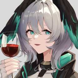 Rule 34 | 1girl, :d, alcohol, aqua eyes, arknights, commentary request, cup, drinking glass, fingerless gloves, gloves, grey background, grey gloves, grey hair, grey nails, head wings, ho&#039;olheyak (arknights), holding, holding cup, looking at viewer, motirimoti, nail polish, open mouth, portrait, short hair, simple background, smile, solo, wine, wine glass, wings