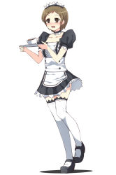Rule 34 | 10s, 1girl, alternate costume, black dress, black footwear, blush, brown eyes, brown hair, choker, collarbone, cup, dress, enmaided, full body, girls und panzer, highres, holding, lace, lace-trimmed dress, lace-trimmed legwear, lace trim, maid, maid headdress, mary janes, matching hair/eyes, open mouth, puffy short sleeves, puffy sleeves, ritaiko (girls und panzer), shoes, short hair, short sleeves, simple background, solo, spilling, srwsrx (gp03dsrx), standing, swept bangs, teacup, thighhighs, tray, very short hair, white background, white thighhighs