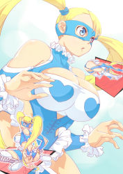 Rule 34 | 1girl, ass, bare shoulders, blonde hair, blue eyes, boots, breasts, cleavage, cleavage cutout, clothing cutout, gradient background, heart, highres, large breasts, leotard, mask, rainbow mika, shoulder cutout, solo, street fighter, tami shichi, twintails, wrestling outfit