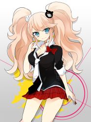 Rule 34 | 10s, 1girl, bad id, bad pixiv id, breasts, cleavage, danganronpa (series), danganronpa: trigger happy havoc, enoshima junko, large breasts, long hair, nail polish, necktie, no symbol, pink hair, shichi, shirt, skirt, sleeves rolled up, solo, spoilers, taut clothes, taut shirt, twintails