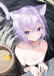 Rule 34 | 1girl, ahoge, animal ear fluff, animal ears, blue hair, blush, breasts, cat ears, cat girl, cat tail, cleavage, closed mouth, collarbone, colored inner hair, commentary request, company name, crossed bangs, from above, hair between eyes, highres, hololive, kamioka shun&#039;ya, large breasts, looking at viewer, multicolored hair, naked towel, nekomata okayu, partially submerged, purple eyes, purple hair, ripples, rubber duck, short hair, solo, tail, towel, virtual youtuber, water