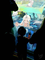 Rule 34 | 2boys, 6+girls, blue eyes, breasts, bright pupils, child, chromatic aberration, dark, ear tag, eveyeil, fins, frown, head fins, highres, horns, long hair, mermaid, monster girl, multiple boys, multiple girls, original, partially submerged, signature, single horn, water, white hair, white pupils, zoo