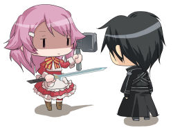 Rule 34 | 1boy, 1girl, black coat, black hair, boots, brown footwear, chibi, coat, commentary request, cross-laced footwear, dress, frilled dress, frills, hair ornament, hairclip, hammer, inaba shiki, kirito, lace-up boots, lisbeth (sao), pink hair, red dress, short hair, simple background, standing, sword, sword art online, weapon, white background