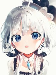 1girl azur_lane blue_eyes blush highres illustrious_(azur_lane) irohatomo little_illustrious_(azur_lane) open_mouth simple_background solo twintails white_background white_hair