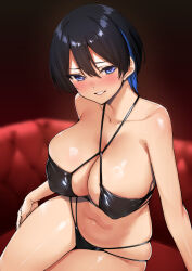 Rule 34 | 1girl, absurdres, bare shoulders, bikini, black bikini, black hair, blue eyes, blue hair, blush, breasts, cleavage, collarbone, grin, highres, large breasts, looking at viewer, navel, original, short hair, smile, solo, swimsuit, thighs, tomohiro kai