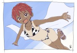 Rule 34 | 1girl, :d, animal print, bikini, border, child, collarbone, cow print, cow print bikini, dark-skinned female, dark skin, fang, female focus, flat chest, highres, looking at viewer, navel, open mouth, original, outstretched arms, print bikini, red hair, sandals, satsuyo, short hair, side-tie bikini bottom, smile, solo, spread arms, swimsuit, tan, tanline, tomboy, white border