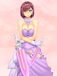 Rule 34 | 1girl, abu, bare shoulders, blush, breasts, breasts squeezed together, choker, cleavage, cowboy shot, crossed arms, dagger, doily, doily background, dress, earrings, female focus, flower, gloves, gradient background, holding, holding dagger, holding knife, holding weapon, jewelry, knife, large breasts, nel zelpher, pink background, pink dress, purple eyes, red hair, short hair, solo, square enix, standing, star ocean, star ocean till the end of time, veil, weapon, wedding dress, white gloves