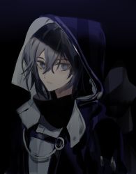 Rule 34 | 1boy, beat5727, blue eyes, blue hair, closed mouth, elsword, facing to the side, frown, grey hair, highres, hood, hood up, hoodie, long sleeves, looking to the side, male focus, multicolored hair, noah ebalon, short hair, silent shadow (elsword), solo