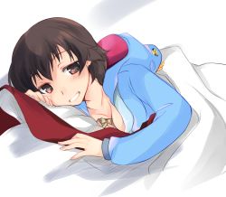 Rule 34 | 10s, 1girl, abenattou, bed, blush, breasts, brown eyes, brown hair, caesar (girls und panzer), cleavage, girls und panzer, grin, hippopotamus, long sleeves, looking at viewer, lying, on side, pajamas, pillow, short hair, small breasts, smile, solo, under covers