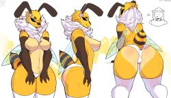 Rule 34 | . ., 1girl, :3, :o, antennae, arm support, arthropod girl, artist name, ass, back, bee girl, beekeeping hat, black sclera, breasts squeezed together, breasts, character sheet, colored sclera, colored skin, commentary, cowboy shot, cropped shoulders, doubleclawed, english commentary, english text, flower, flower request, from behind, from side, fur collar, furry, furry female, groin tendon, hair flower, hair ornament, highleg, highres, insect girl, insect wings, leaning forward, looking at viewer, looking back, mons pubis, monster girl, multiple views, navel, no nipples, original, outline, panties, pink flower, projected inset, short eyebrows, short hair, shoulder blades, solo focus, standing, striped, tail, thick eyebrows, thick thighs, thighhighs, thighs, topless, trefoil, underwear, white eyes, white panties, white thighhighs, wings, yellow skin