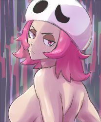 Rule 34 | &gt;:&lt;, 1girl, :&lt;, back, bare back, beanie, blush, breasts, closed mouth, creatures (company), dark-skinned female, dark skin, female focus, forehead, from behind, frown, game freak, half-closed eyes, hat, large breasts, looking at viewer, looking back, nakaba, nintendo, no nipples, npc trainer, pink eyes, pink hair, pokemon, pokemon sm, short hair, sideboob, skull, skull-shaped hat, skull hat, solo, team skull, team skull grunt, topless frame, upper body, v-shaped eyebrows, white hat