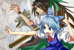 Rule 34 | circled 9, 2girls, arm cannon, blue dress, blue eyes, blue hair, bow, brown hair, cirno, crossover, dress, fairy, green eyes, hair bow, hair ribbon, long hair, monster hunter (series), multiple girls, ponytail, pun, reiuji utsuho, ribbon, short hair, skirt, takorice, touhou, weapon, yian kut-ku, zoom layer