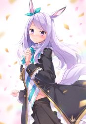 Rule 34 | 1girl, animal ears, black jacket, black skirt, blush, closed mouth, commentary request, frilled sleeves, frills, hand up, highres, horse ears, horse girl, horse tail, jacket, long hair, long sleeves, looking at viewer, looking to the side, mejiro mcqueen (umamusume), nose blush, nyanya, petals, pleated skirt, purple eyes, purple hair, revision, skirt, solo, swept bangs, tail, twitter username, umamusume, very long hair