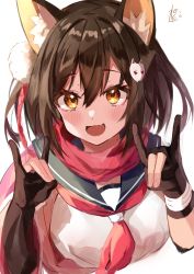 Rule 34 | 1girl, animal ears, black hair, blue archive, blush, breasts, commentary, fox ears, fox shadow puppet, hair between eyes, hair ornament, highres, izuna (blue archive), looking at viewer, medium breasts, open mouth, scarf, school uniform, solo, tamago nezumi, white background, yellow eyes