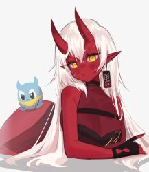 Rule 34 | 1girl, absurdres, akumi (yoclesh), bare shoulders, breasts, cleavage, closed mouth, colored skin, dress, ear tag, earrings, fingerless gloves, gloves, halter dress, halterneck, highres, horns, jewelry, large breasts, long hair, looking at viewer, lying, mascot, on stomach, oni, oni horns, pointy ears, red horns, red oni, red skin, scar, scar on face, see-through, see-through cleavage, simple background, sky above me, sleeveless, sleeveless dress, very long hair, virtual youtuber, vyugen, white background, white hair, yellow eyes