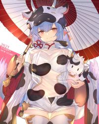 Rule 34 | 1girl, 2021, animal ears, animal print, blue hair, breasts, catura (granblue fantasy), chinese zodiac, closed mouth, commentary request, cow, cow ears, cow hood, cow horns, cow print, detached sleeves, draph, earrings, granblue fantasy, happy new year, highres, holding, holding umbrella, horns, jewelry, long hair, looking at viewer, medium breasts, navel, new year, oil-paper umbrella, red eyes, reki (dezuko), see-through, short shorts, shorts, smile, solo, thigh gap, thighhighs, thighs, umbrella, white shorts, white thighhighs, wide sleeves, year of the ox