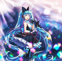 Rule 34 | 1girl, :d, absurdly long hair, black bow, black footwear, black skirt, blue bow, blue eyes, blue hair, blue ribbon, boots, bow, floating hair, from side, gloves, grey gloves, hair between eyes, hair bow, hatsune miku, holding, holding microphone stand, layered skirt, long hair, magical mirai (vocaloid), magical mirai miku, magical mirai miku (2016), microphone stand, open mouth, parnasso, ribbon, shirt, signature, skirt, sleeveless, sleeveless shirt, smile, solo, standing, striped clothes, striped skirt, thigh boots, thighhighs, twintails, vertical-striped clothes, vertical-striped skirt, very long hair, vocaloid, white shirt, white thighhighs