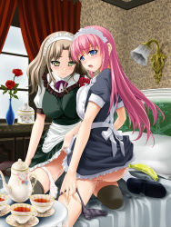 Rule 34 | 2girls, apron, ass, bad perspective, banana, bed, black panties, blue eyes, blush, breast press, breasts, brown hair, clothes lift, curtains, dress, dress lift, flower, food, frottage, fruit, green eyes, huge breasts, leciel eldissa, long hair, ma cherie, maid, maid apron, maid headdress, mary janes, multiple girls, open mouth, panties, panties around leg, pillow, pink hair, pussy juice, rose, shoes, steffi donato, tea, teapot, thighhighs, underwear, white panties, whitemoor, window, yuri