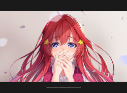 Rule 34 | 1girl, absurdres, ahoge, blue eyes, blush, breasts, crying, crying with eyes open, fuji dorokai, go-toubun no hanayome, hair between eyes, hair ornament, highres, large breasts, letterboxed, long hair, looking at viewer, nakano itsuki, open mouth, pink vest, red hair, shirt, solo, star (symbol), star hair ornament, tears, vest, white shirt
