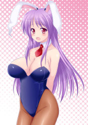 Rule 34 | 1girl, animal ears, bare shoulders, blush, breasts, rabbit ears, playboy bunny, cleavage, female focus, halftone, halftone background, kisaragi yuki, large breasts, long hair, open mouth, pantyhose, purple hair, red eyes, reisen udongein inaba, solo, touhou