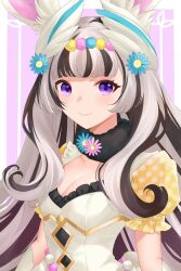 1girl animal_ears blonde_hair breasts cleavage dress ell_0314 fake_animal_ears fire_emblem fire_emblem_engage fire_emblem_heroes grey_hair hair_ornament highres looking_at_viewer medium_breasts multicolored_hair nintendo official_alternate_costume purple_eyes streaked_hair two-tone_hair veyle_(fire_emblem) veyle_(spring)_(fire_emblem) wavy_hair white_dress wing_hair_ornament