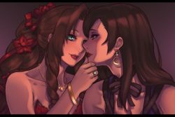 Rule 34 | 2girls, aerith gainsborough, aerith gainsborough (red dress), bad id, bad pixiv id, black hair, bloopiest, blush, bow, bracelet, brown eyes, brown hair, dark background, dress, drill hair, earrings, eyelashes, female focus, final fantasy, final fantasy vii, final fantasy vii remake, green eyes, hair bow, hair ribbon, hand on another&#039;s chin, imminent kiss, jewelry, lipstick, long hair, makeup, multiple girls, nail polish, neck ribbon, necklace, purple dress, red dress, ribbon, ring, smile, square enix, tifa lockhart, twin drills, wall market, yuri