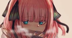 Rule 34 | 1girl, blue eyes, blue nails, blunt bangs, blush, breath, butterfly hair ornament, close-up, covered mouth, dated, embarrassed, enpera, fingernails, go-toubun no hanayome, grey background, hair ornament, hand up, highres, hoshi san 3, long sleeves, looking at viewer, medium hair, multicolored nails, nail polish, nakano nino, pink hair, portrait, purple nails, scarf, scarf over mouth, simple background, sleeves past wrists, solo, two side up