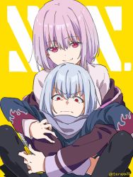 Rule 34 | 10s, 1boy, 1girl, boxcutter, character request, eyes visible through hair, frown, gridman universe, half-closed eyes, highres, holding, holding boxcutter, hug, hug from behind, jacket, light purple hair, off shoulder, pantyhose, purple jacket, red eyes, school uniform, scowl, shinjou akane, shirt, short hair, sitting, split mouth, ssss.gridman, teruya (6w6y), v-shaped eyebrows, white shirt, yellow background